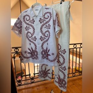 Bode White Pilea Embroidered Cotton Shirt and Trousers (LIMITED EDITION)